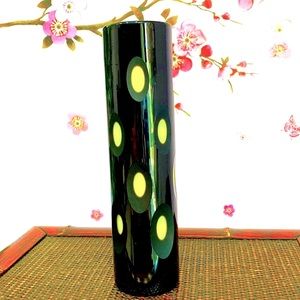 Black Crystal Vase Cut to Green Mid Century Modern MCM; Hand Blown 13.5 x 3 1/8"